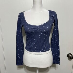 Just Polly Womens Floral Cinch V Neck Crop Top Size S Blue Long Sleeve Dainty
